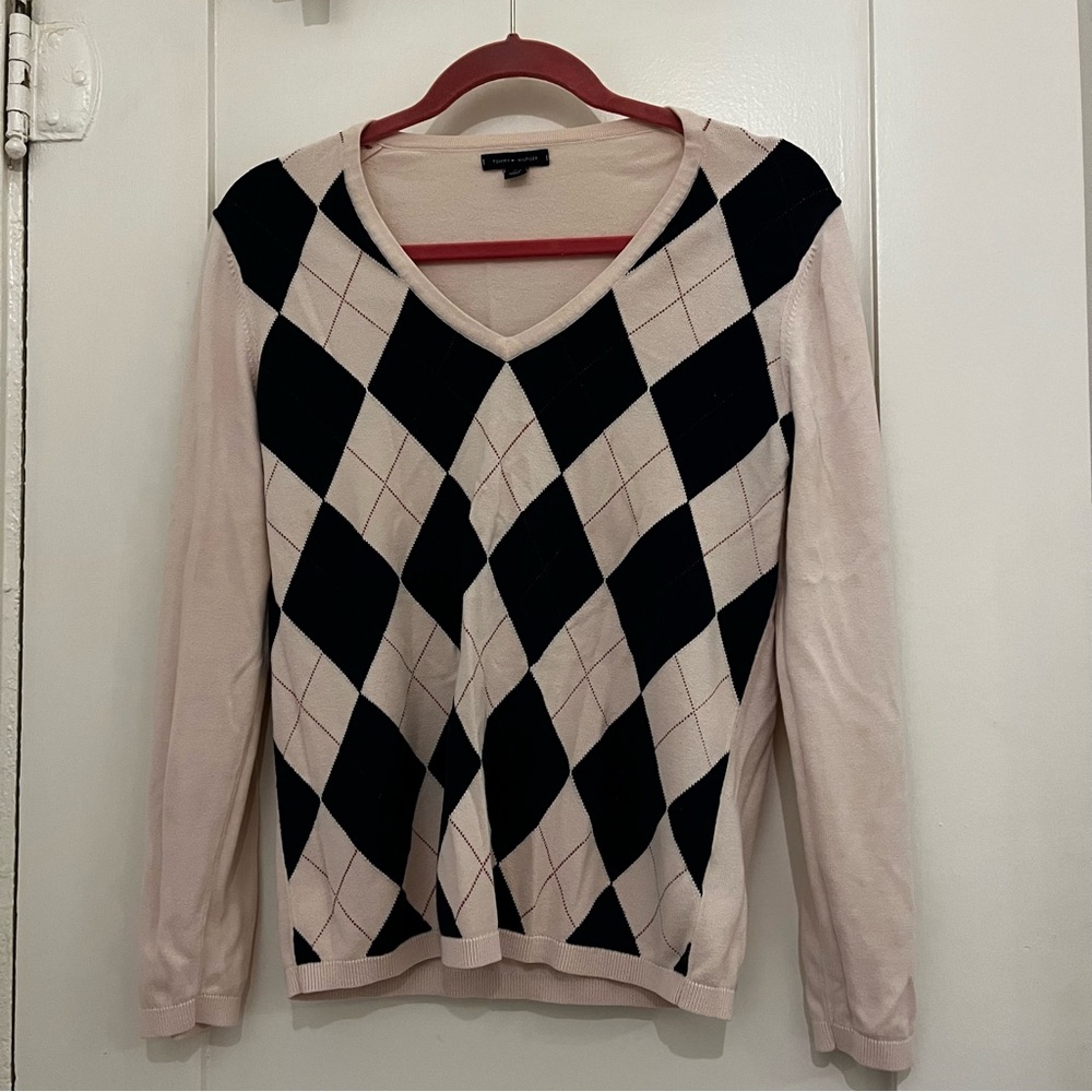 Tommy Hilfiger Argyle V-Neck Sweater in Black and Cream - Size M - Picture 2 of 10